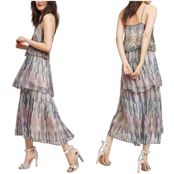 Anthropologie Meadow Rue Metallic Gray Pink Strappy Tiered Maxi Dress Size 6 - Picture 1 of 10
